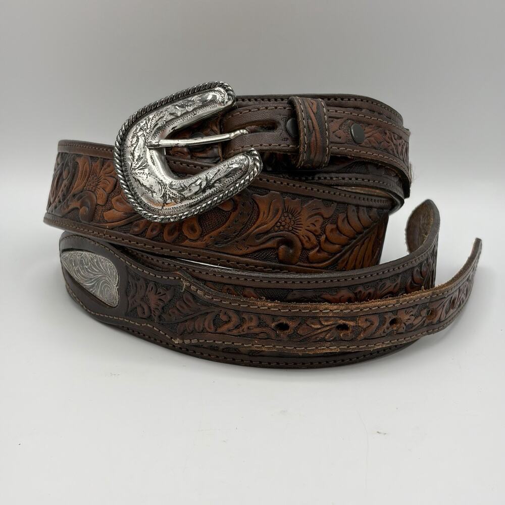 Justin Men’s Brown Leather Ranger Belt Silver Tone Accents Size 38 USA 114CH